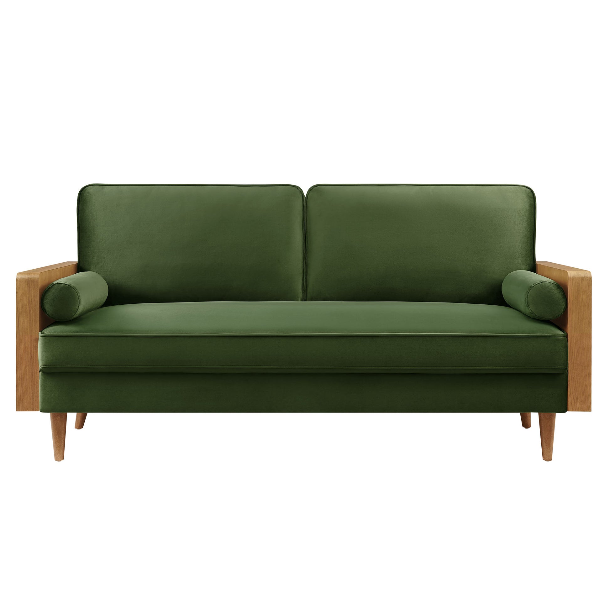 Mid-century green velvet sofa with walnut wood arms and tapered legs, two back cushions, and cylindrical bolster pillows.