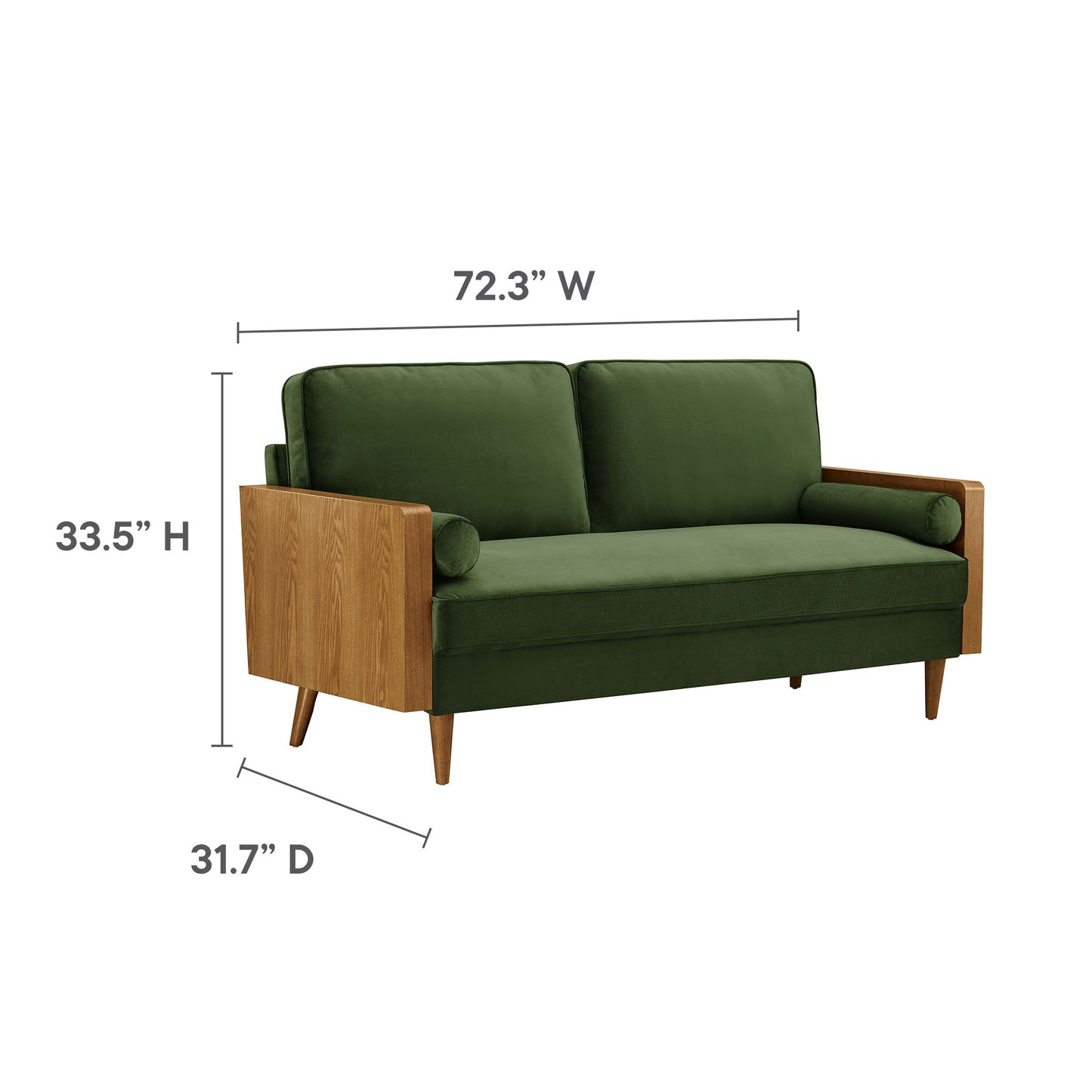Kellan mid-century sofa: walnut wood frame, olive green upholstery; two-seat, 72.3W x 33.5H x 31.7D.