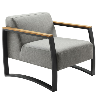Gray outdoor armchair with aluminum frame and fabric upholstery, modern patio seating.