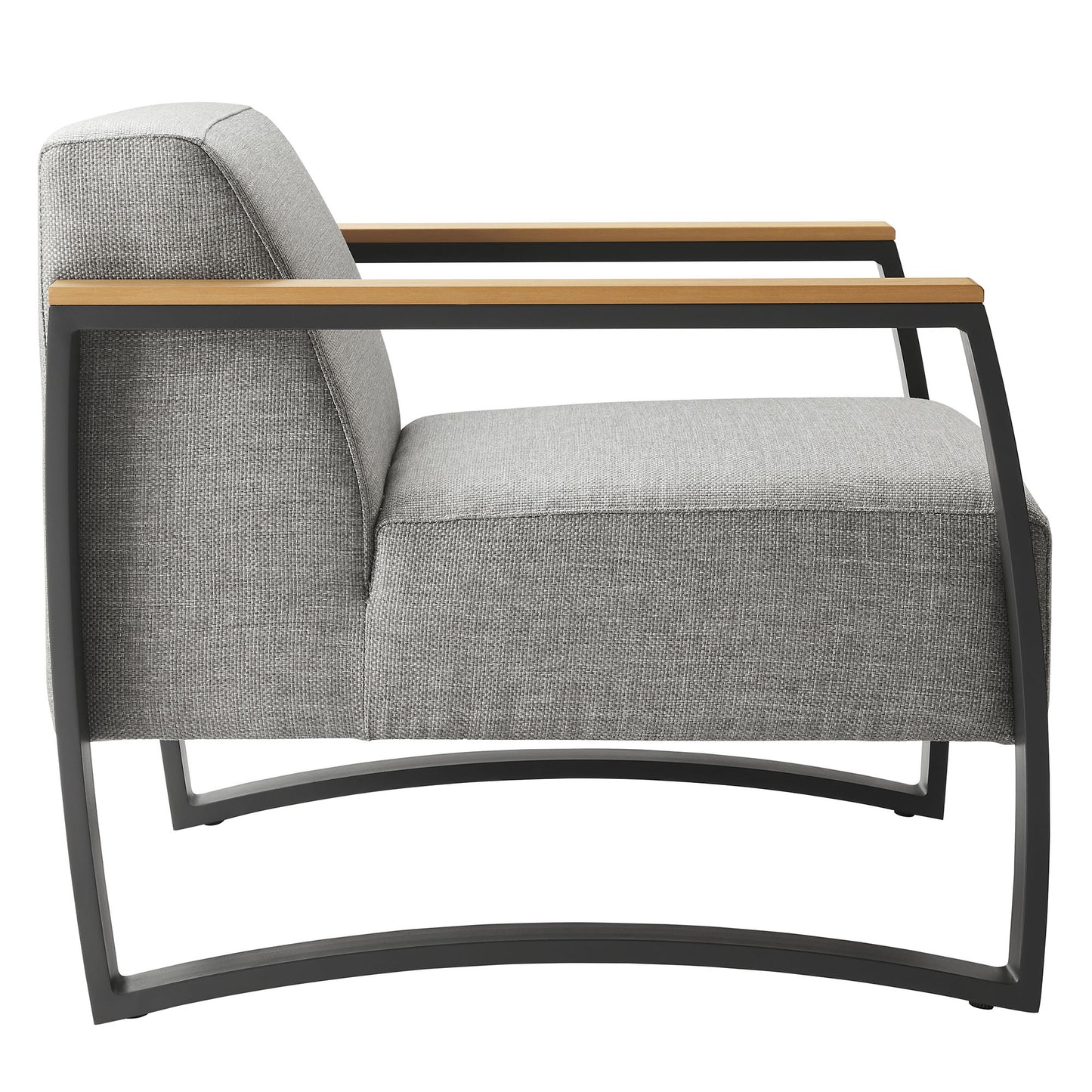 Outdoor aluminum armchair with gray fabric cushions.