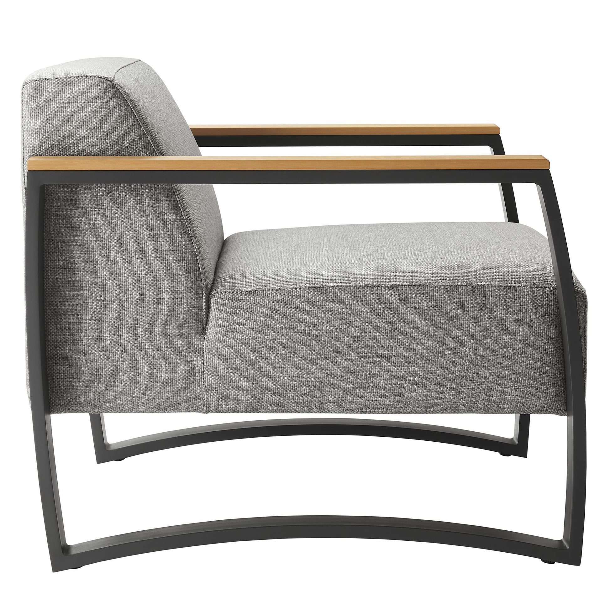 Outdoor aluminum armchair with gray fabric cushions.
