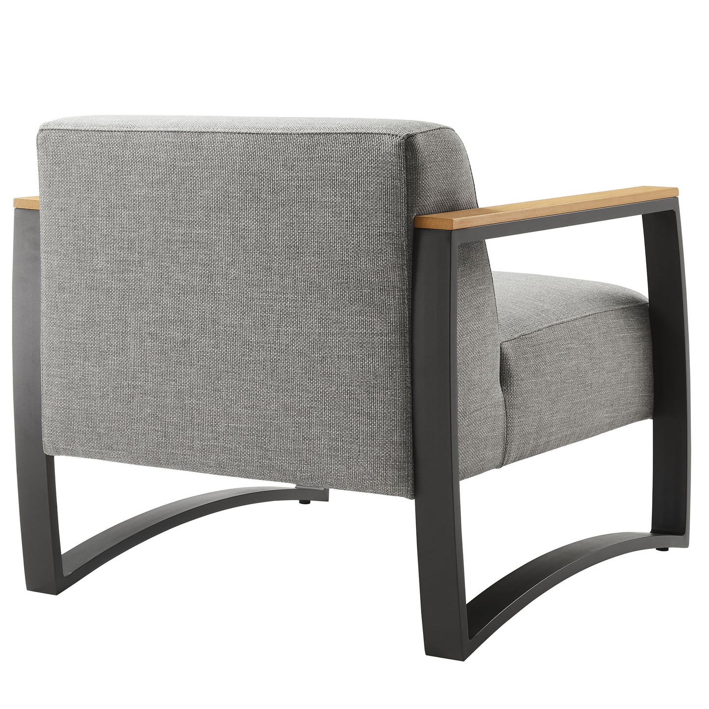 Modern grey fabric outdoor armchair with aluminum frame.