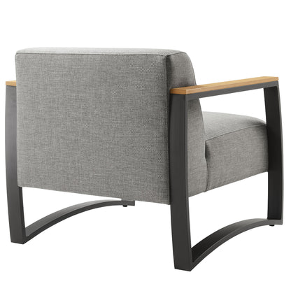 Modern grey fabric outdoor armchair with aluminum frame.