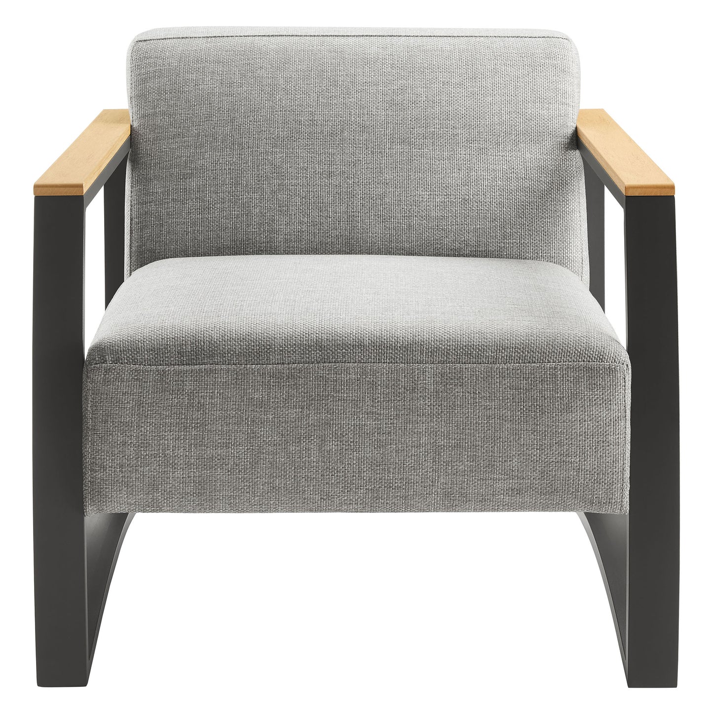 Gray fabric outdoor armchair with an aluminum frame, modern style.