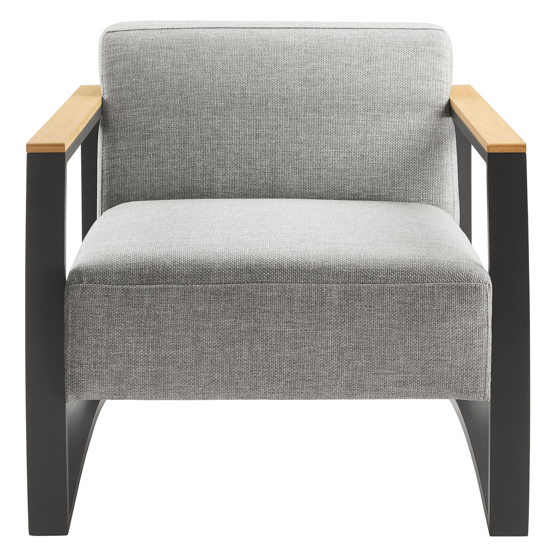 Gray fabric outdoor armchair with an aluminum frame, modern style.