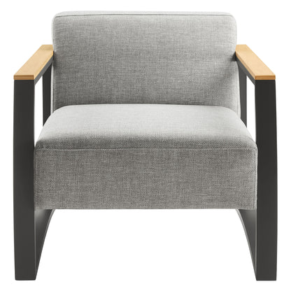 Gray fabric outdoor armchair with an aluminum frame, modern style.