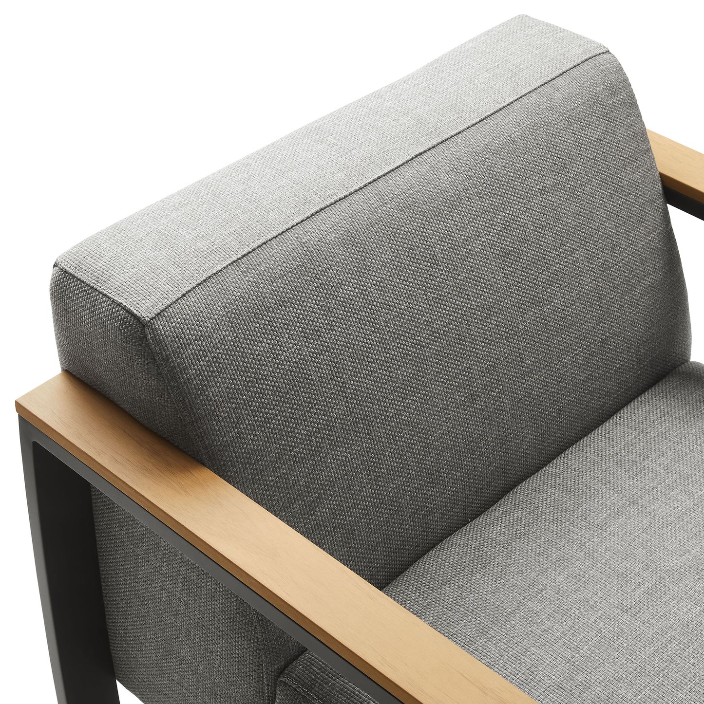 Modern grey fabric outdoor armchair with an aluminum frame and square cushions.