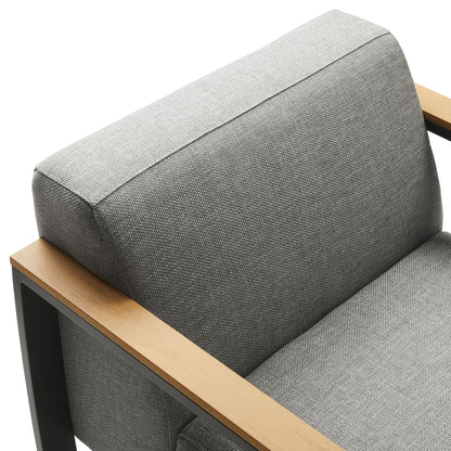 Modern grey fabric outdoor armchair with an aluminum frame and square cushions.