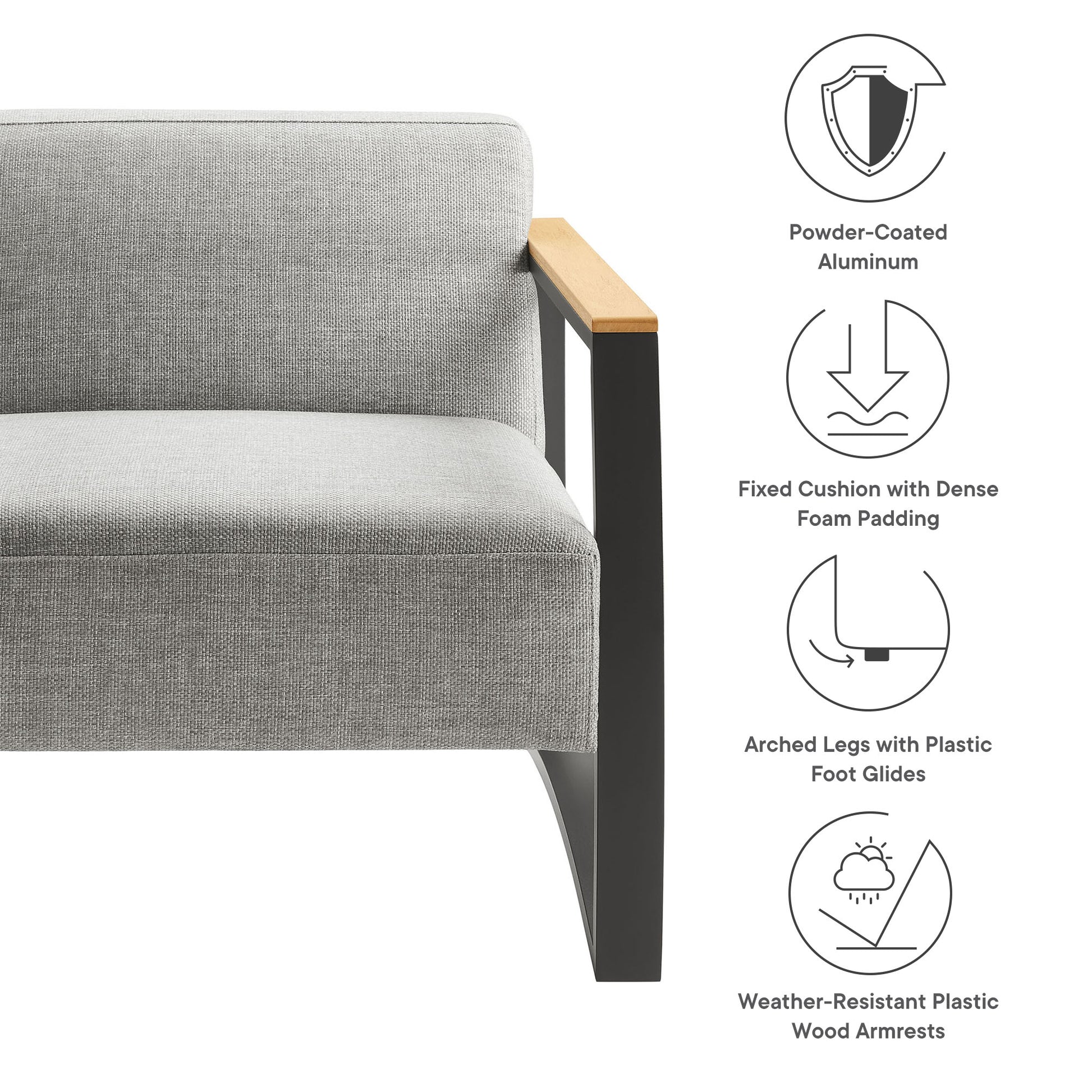 Gray fabric outdoor armchair with an aluminum frame.