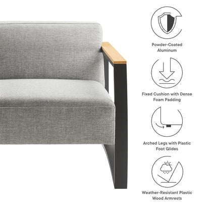 Gray fabric outdoor armchair with an aluminum frame.