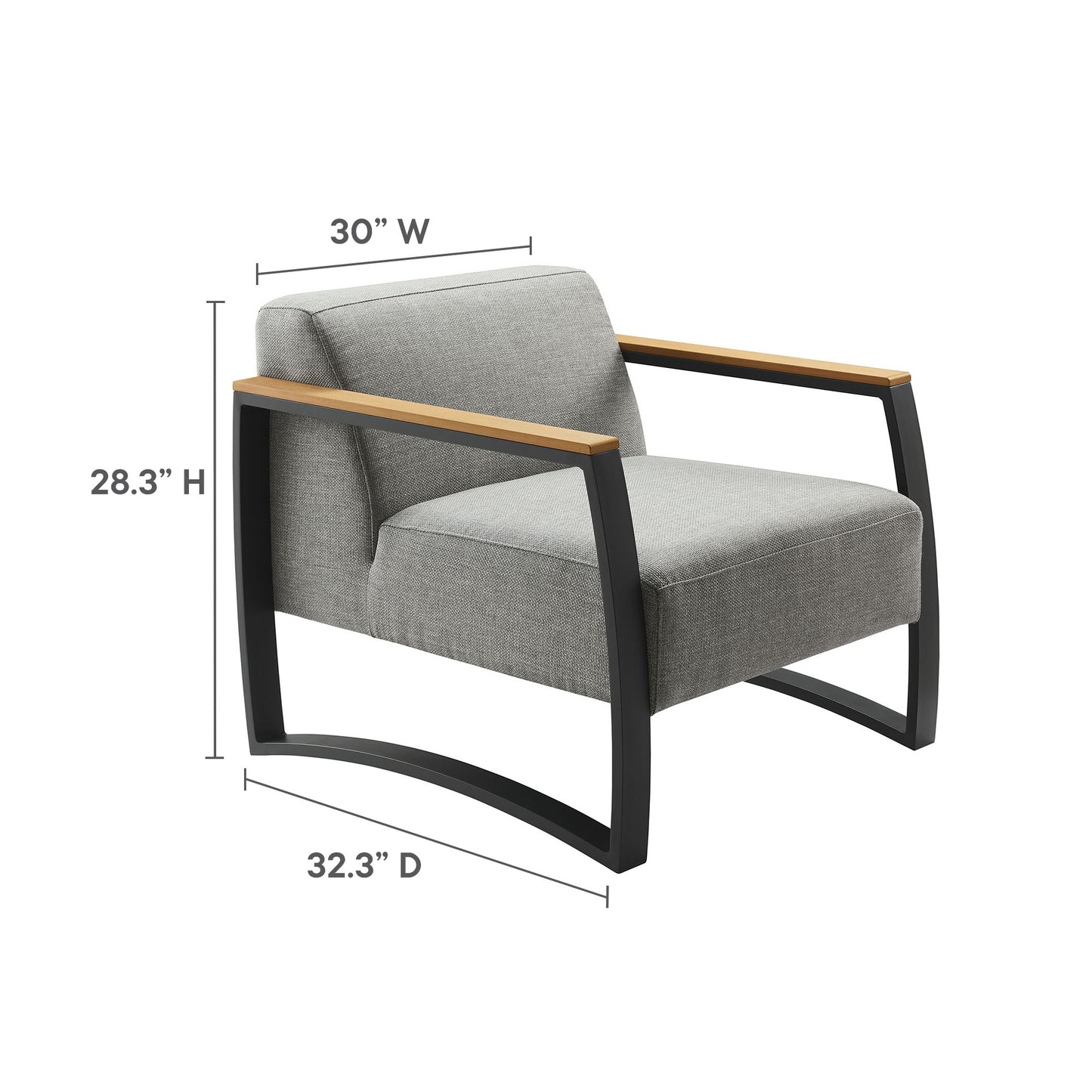 Gray outdoor patio armchair with an aluminum frame and fabric upholstery.