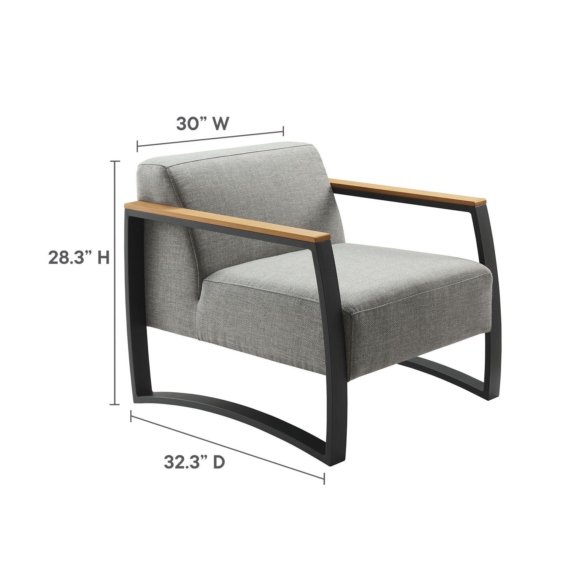 Gray outdoor patio armchair with an aluminum frame and fabric upholstery.