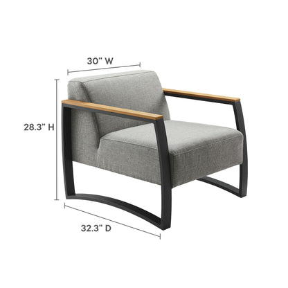 Gray outdoor patio armchair with an aluminum frame and fabric upholstery.