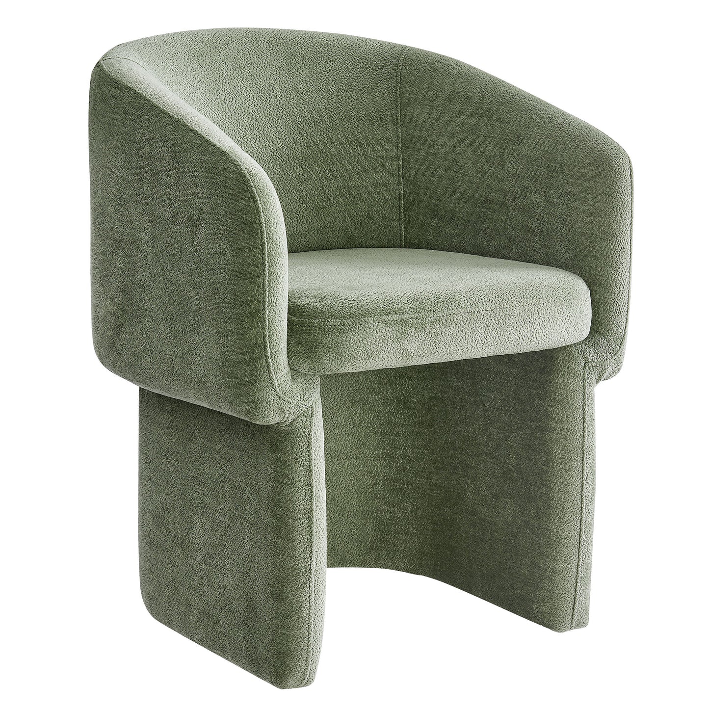 Olive green chenille barrel-back dining armchair with integrated arms and plush cushioned seat