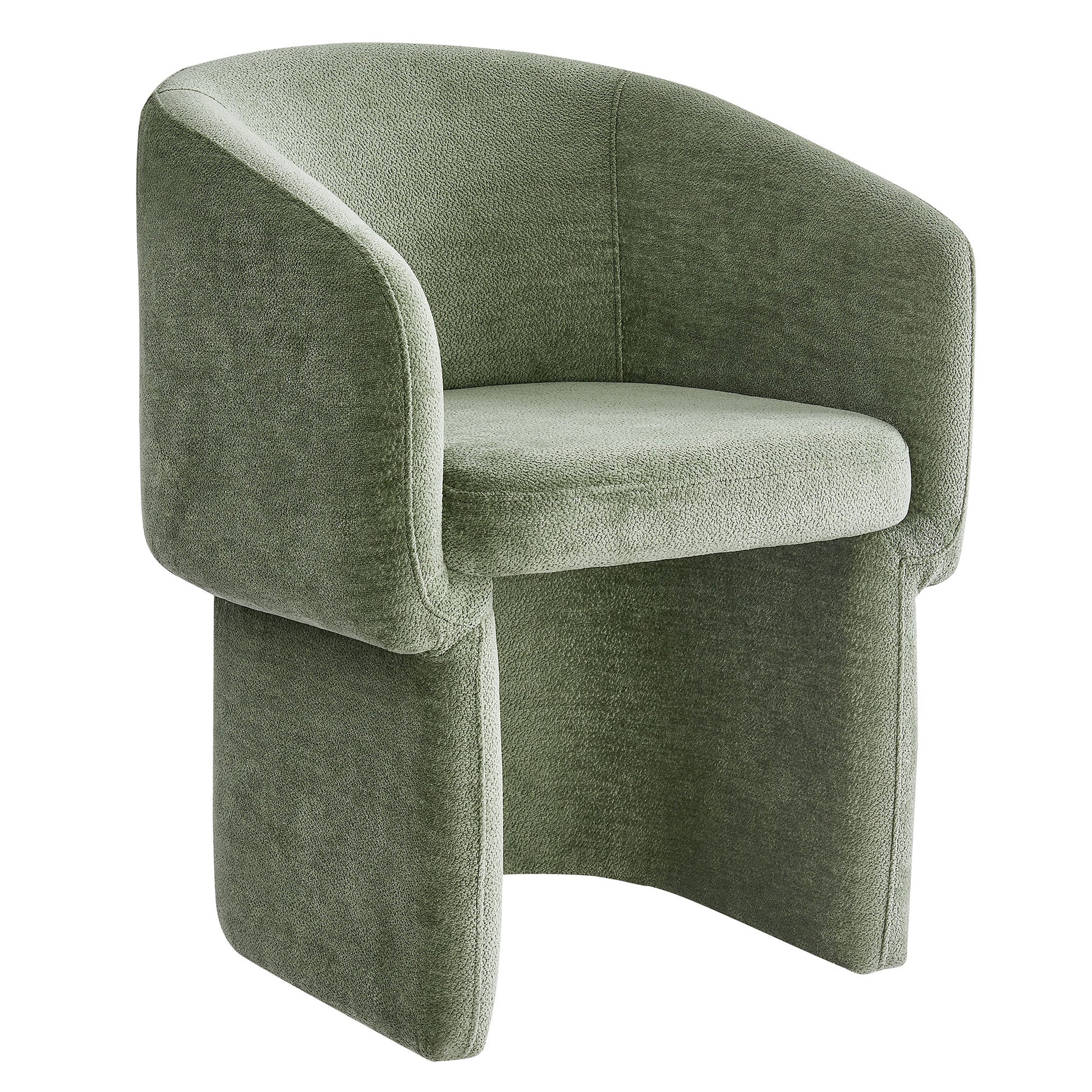 Olive green chenille barrel-back dining armchair with integrated arms and plush cushioned seat