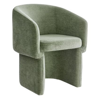Olive green chenille barrel-back dining armchair with integrated arms and plush cushioned seat