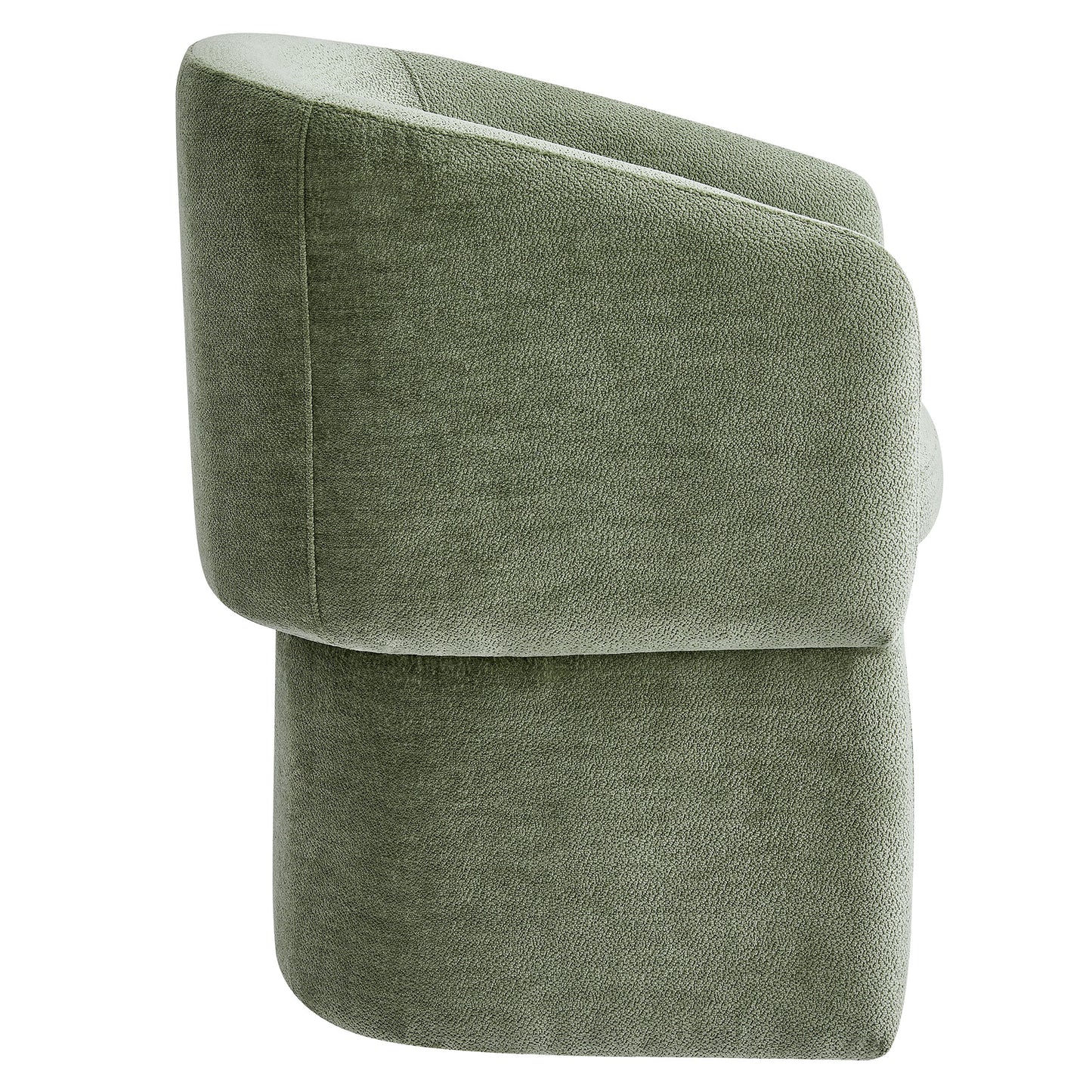 Olive green chenille dining armchair with a barrel back and sculpted curved silhouette.