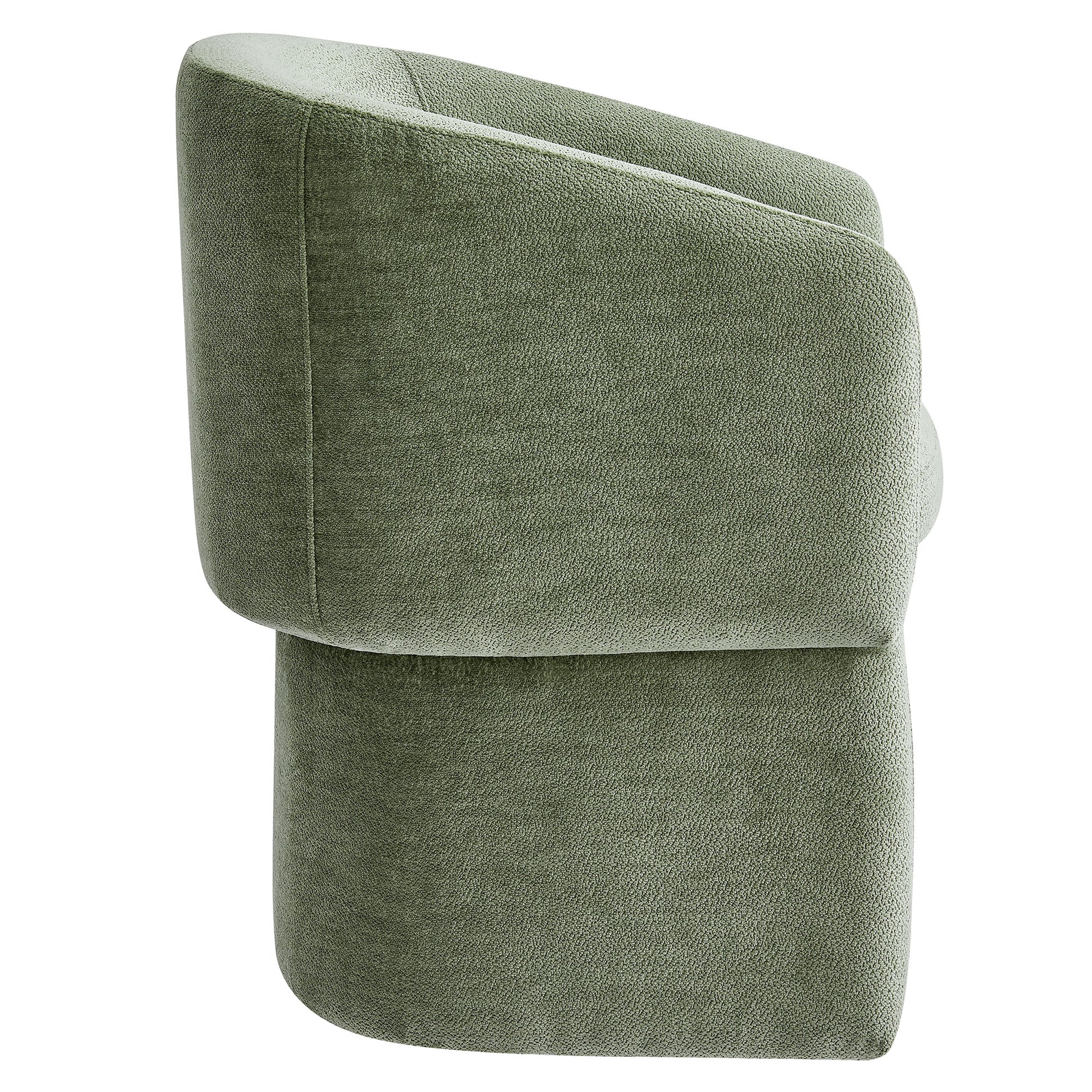 Olive green chenille dining armchair with a barrel back and sculpted curved silhouette.