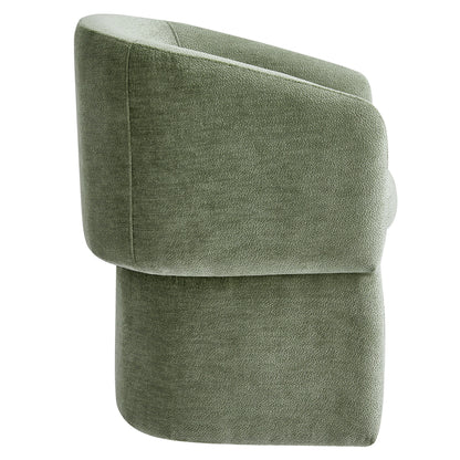 Olive green chenille dining armchair with a barrel back and sculpted curved silhouette.