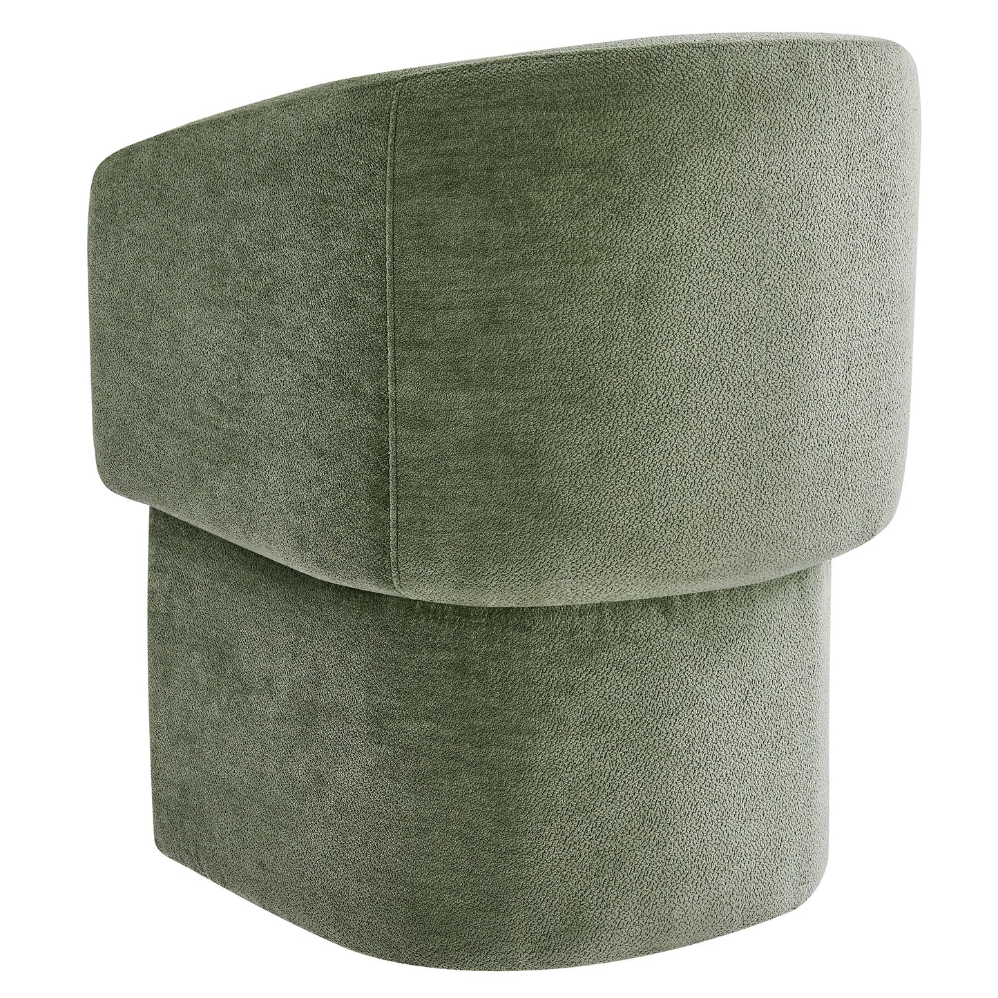 Olive green chenille dining armchair with a barrel back and upholstered seat.
