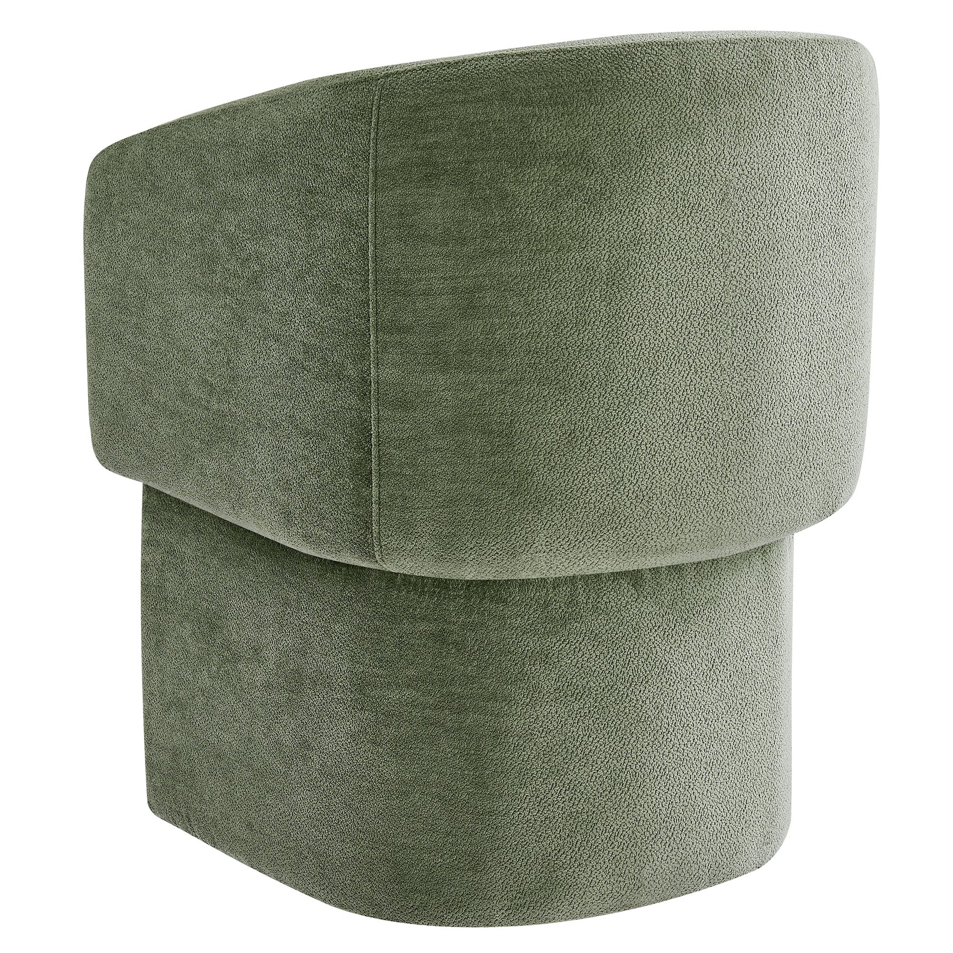 Olive green chenille dining armchair with a barrel back and upholstered seat.