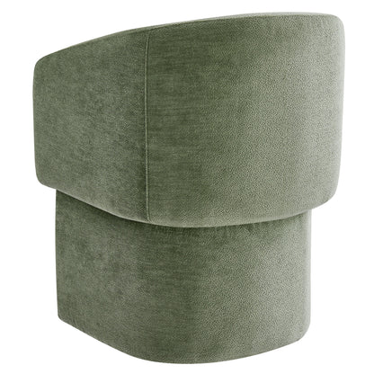 Olive green chenille dining armchair with a barrel back and upholstered seat.
