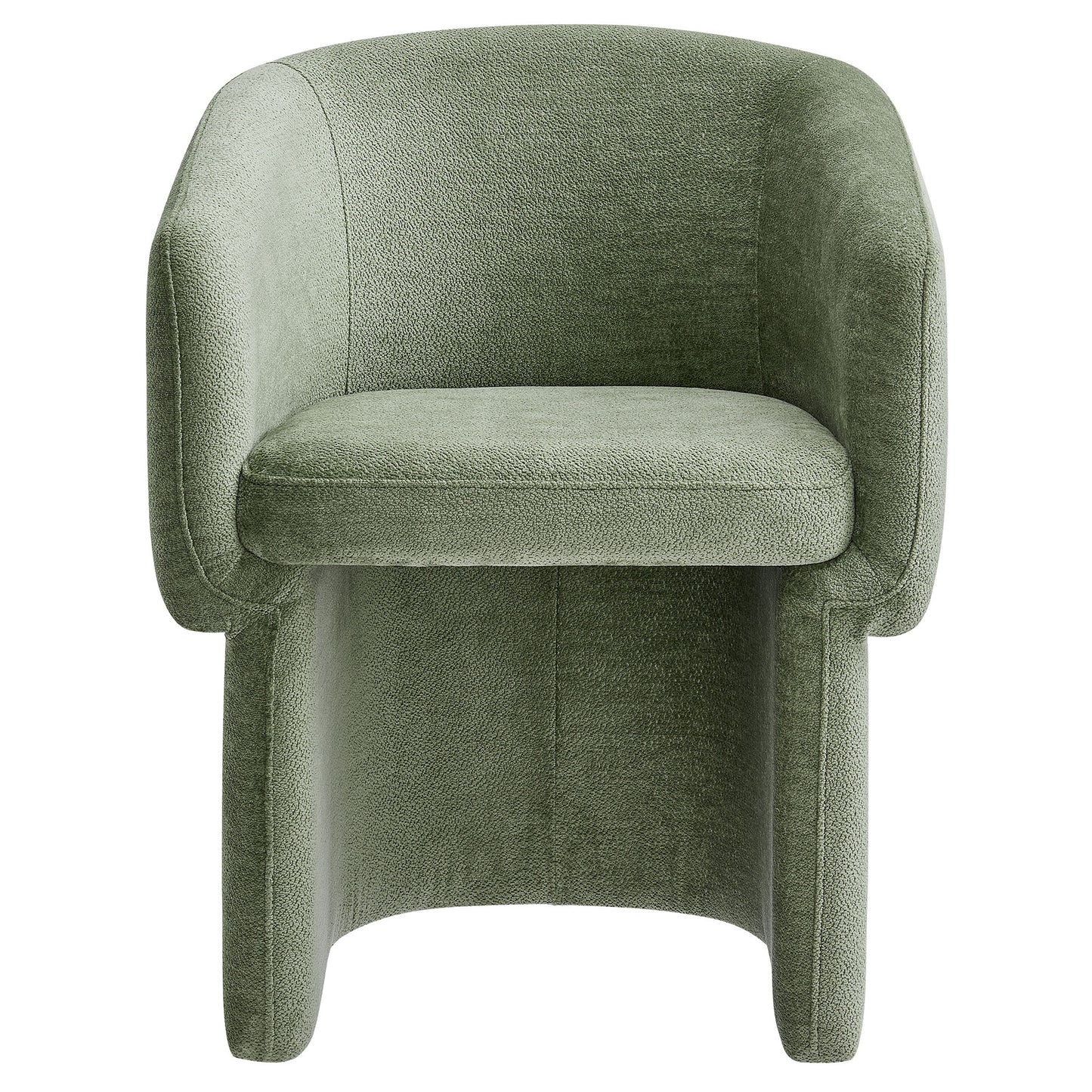 Sage green chenille dining armchair with barrel back and plush cushioned seat.