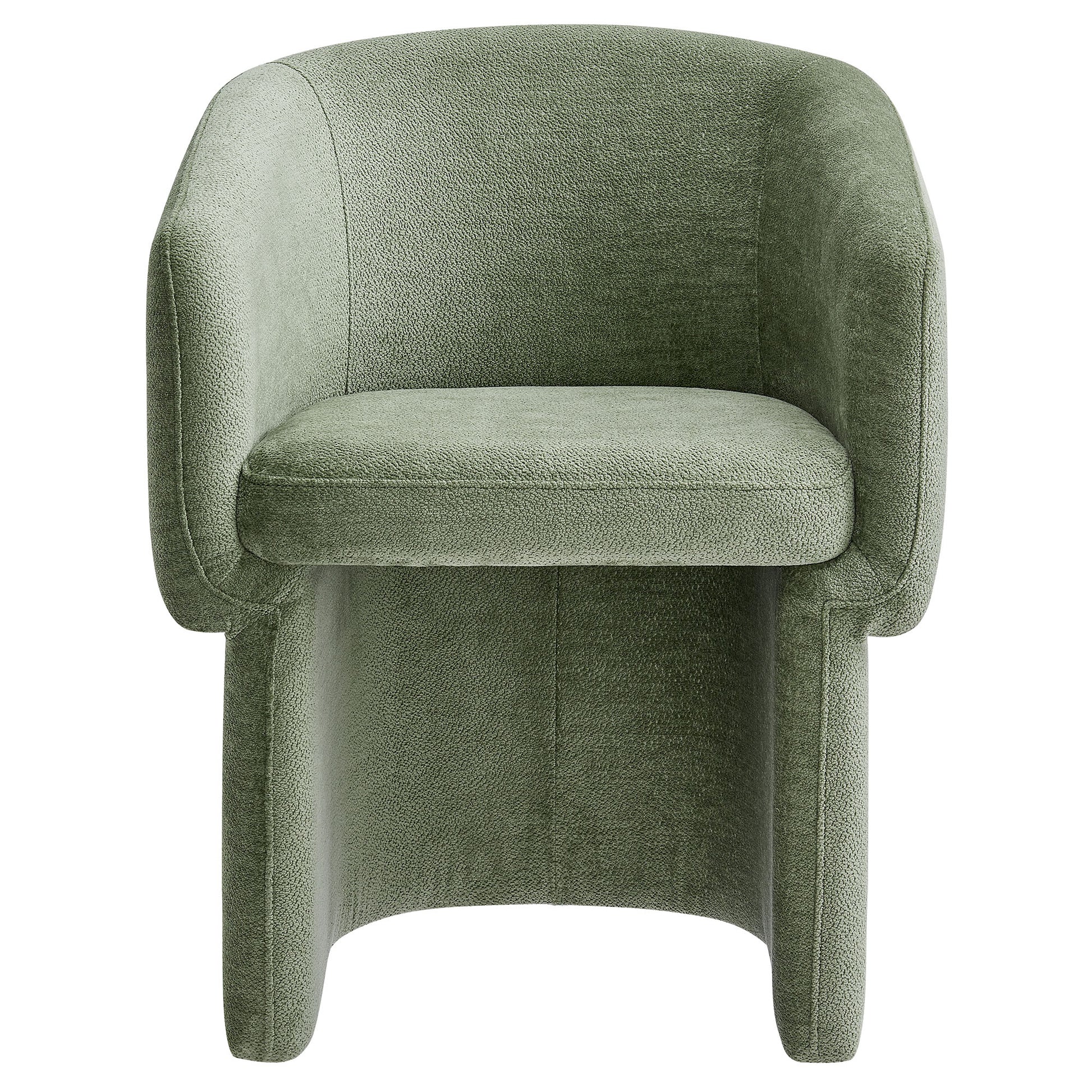Sage green chenille dining armchair with barrel back and plush cushioned seat.