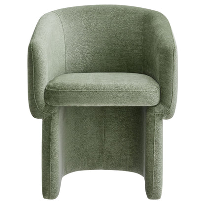 Sage green chenille dining armchair with barrel back and plush cushioned seat.