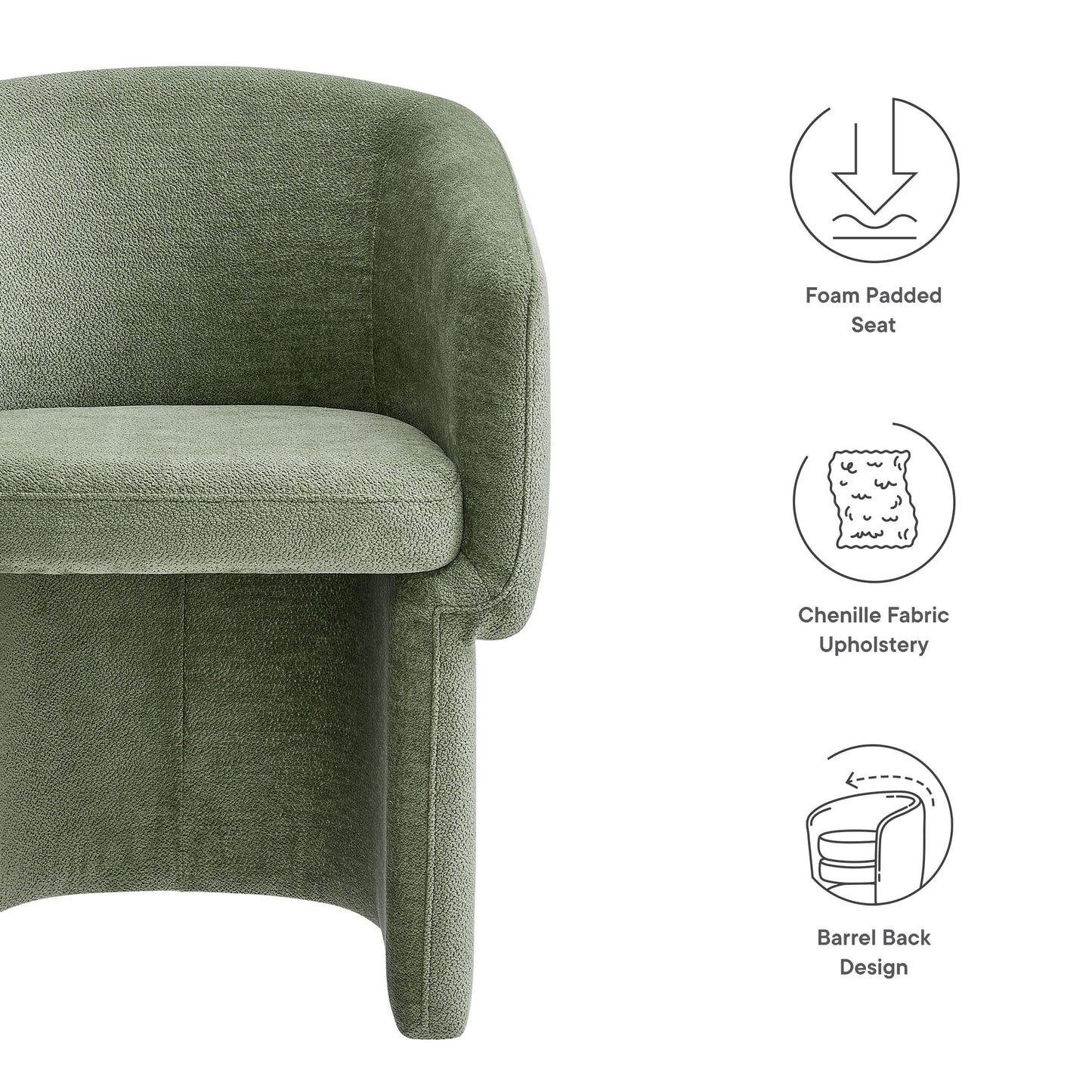 Olive green barrel-back dining armchair in chenille upholstery with foam-padded seat.