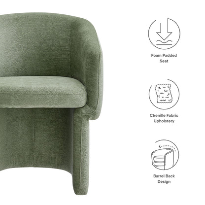 Olive green barrel-back dining armchair in chenille upholstery with foam-padded seat.