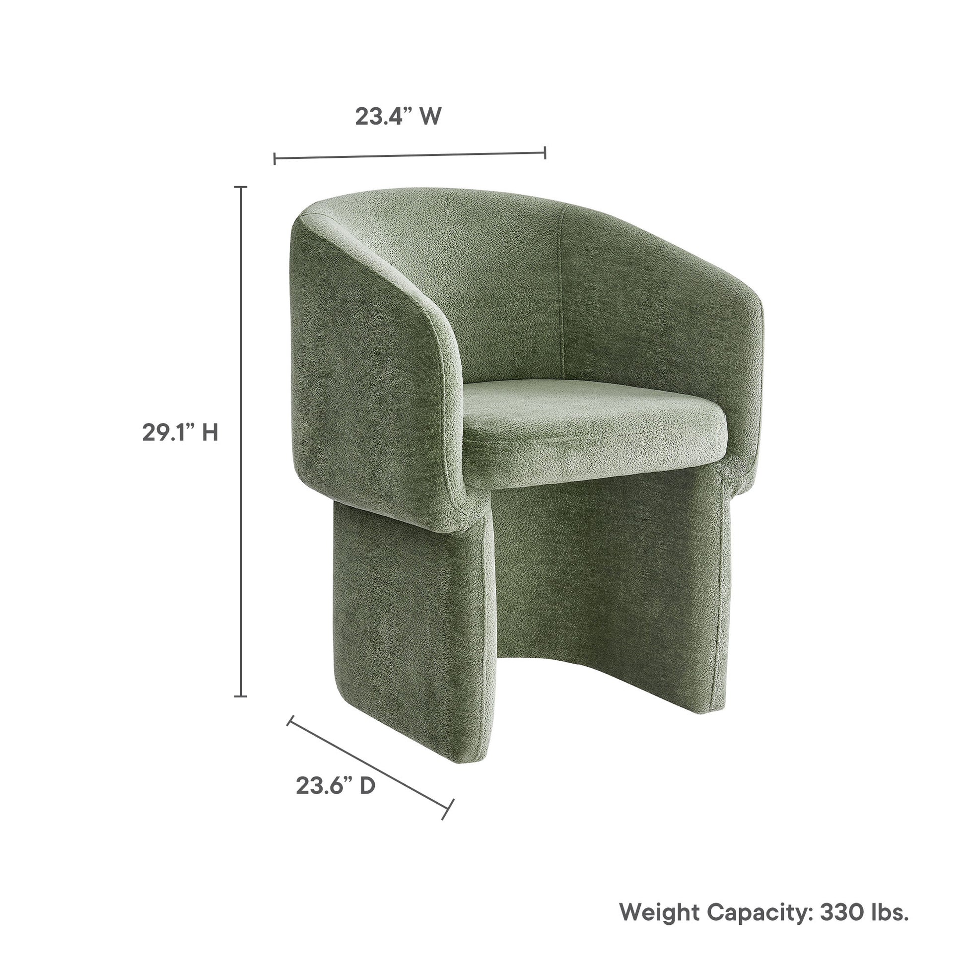Sage green velvet accent chair with curved wraparound arms; cushioned seat; 29.1H x 23.4W x 23.6D; 330 lb cap.