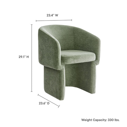Sage green velvet accent chair with curved wraparound arms; cushioned seat; 29.1H x 23.4W x 23.6D; 330 lb cap.