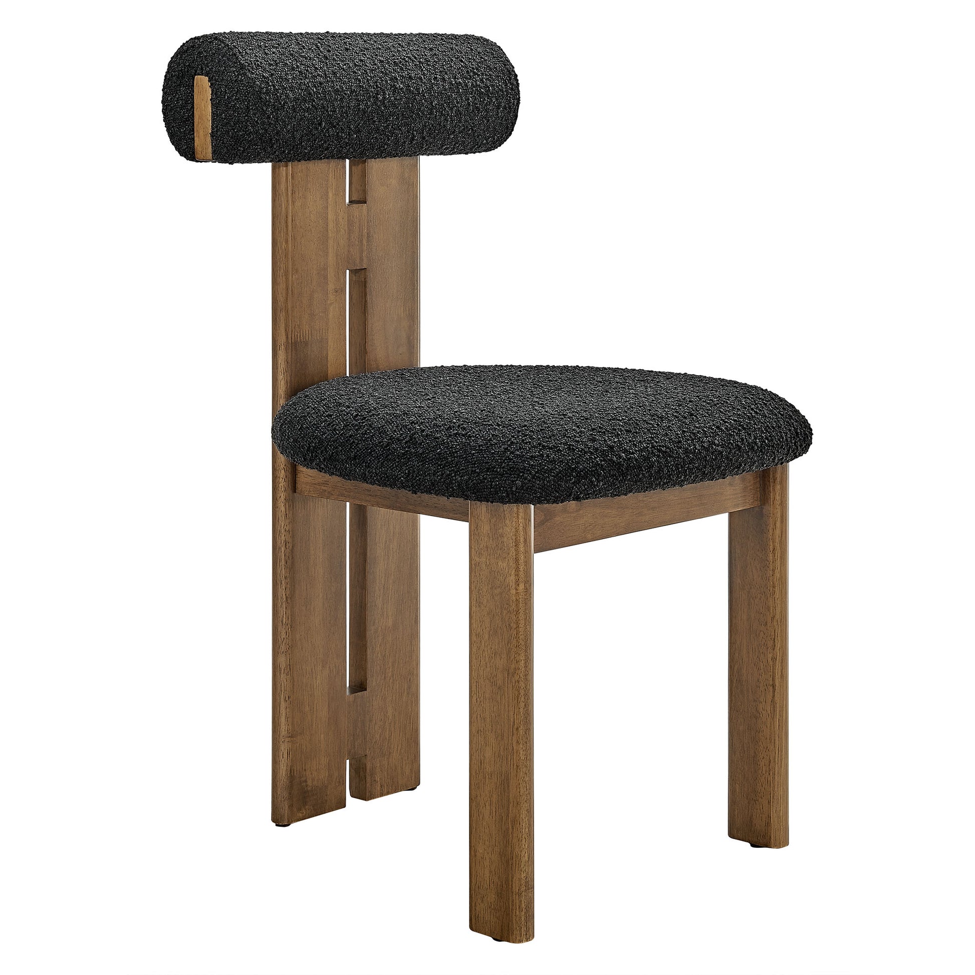 Pair of black boucle fabric dining chairs with upholstered seats and backs, mid-century modern style.