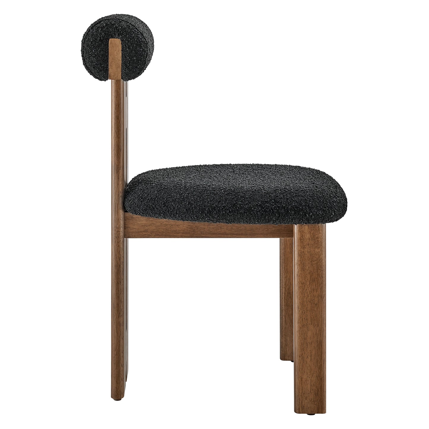 Walnut wood chair with black fabric oval seat and round back cushion on a slim vertical post.