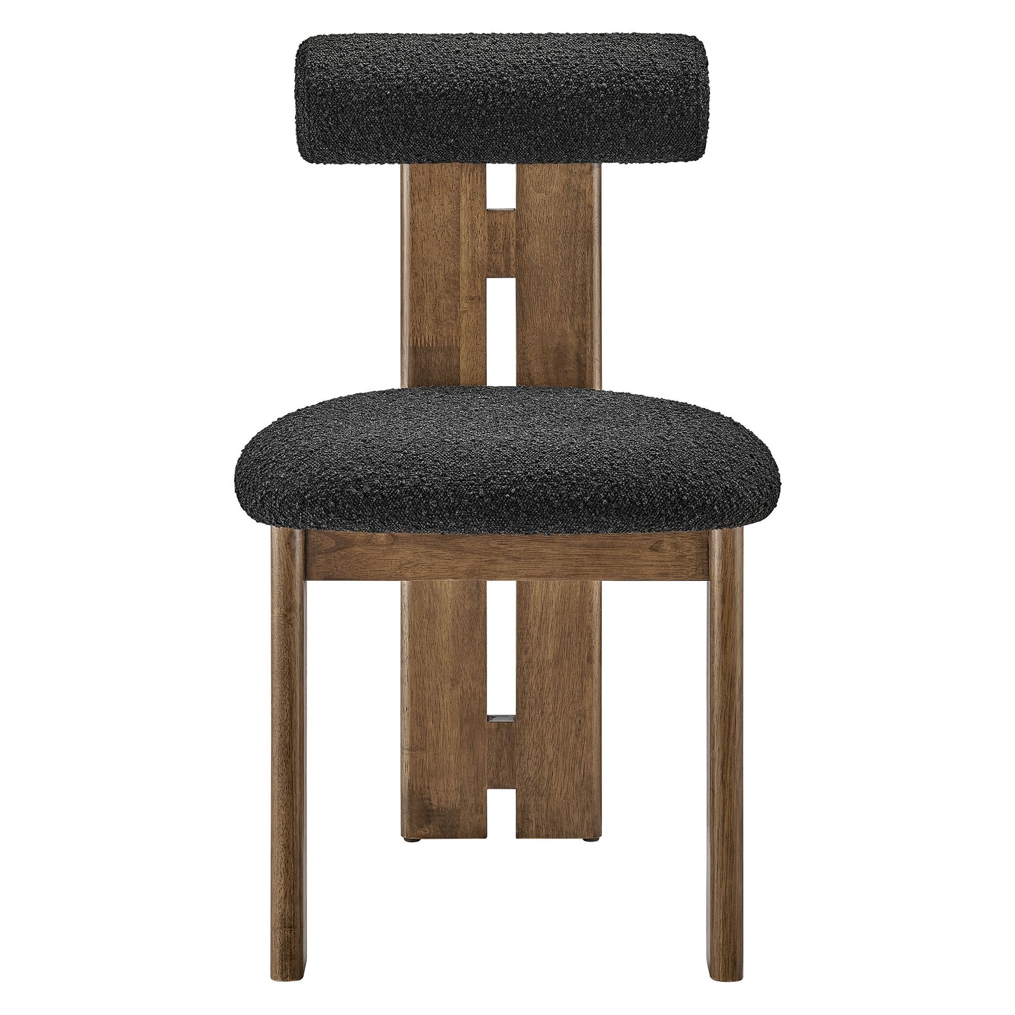 Walnut wood-framed dining chair with black boucle fabric upholstery and small padded backrest.