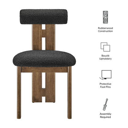 Walnut rubberwood dining chairs with black bouclé upholstered seats and backs, slat backs, protective feet, assembly required, set of 2