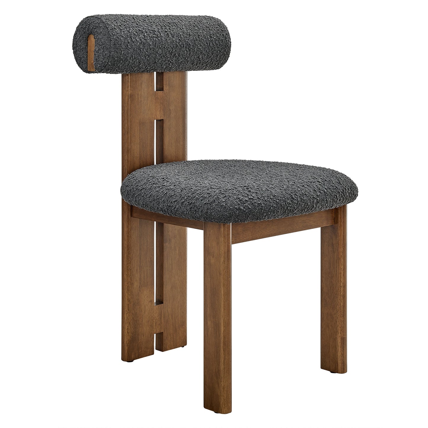 Brown boucle fabric dining chairs with cylindrical backrest cushions, set of 2.