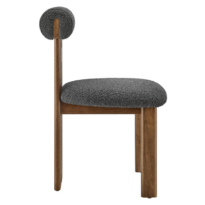 Walnut wood dining chair with brown boucle fabric seat and round back cushion on a vertical post, mid-century design, set of 2