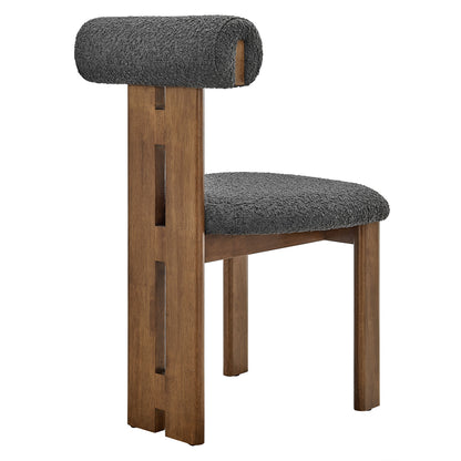 Pair of brown bouclé fabric dining chairs with a modern design.