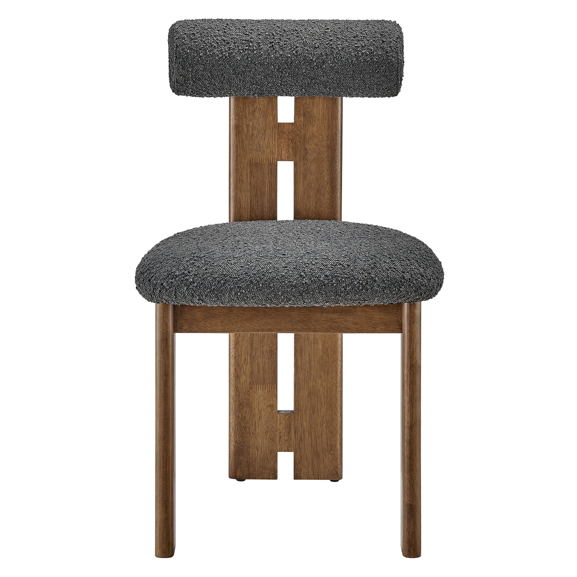 Walnut-finish wooden dining chair with gray textured fabric upholstered seat and back cushion.