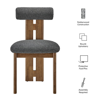 Walnut wood dining chair with brown boucle fabric upholstery on the seat and back; mid-century style with protective foot caps; set of 2.