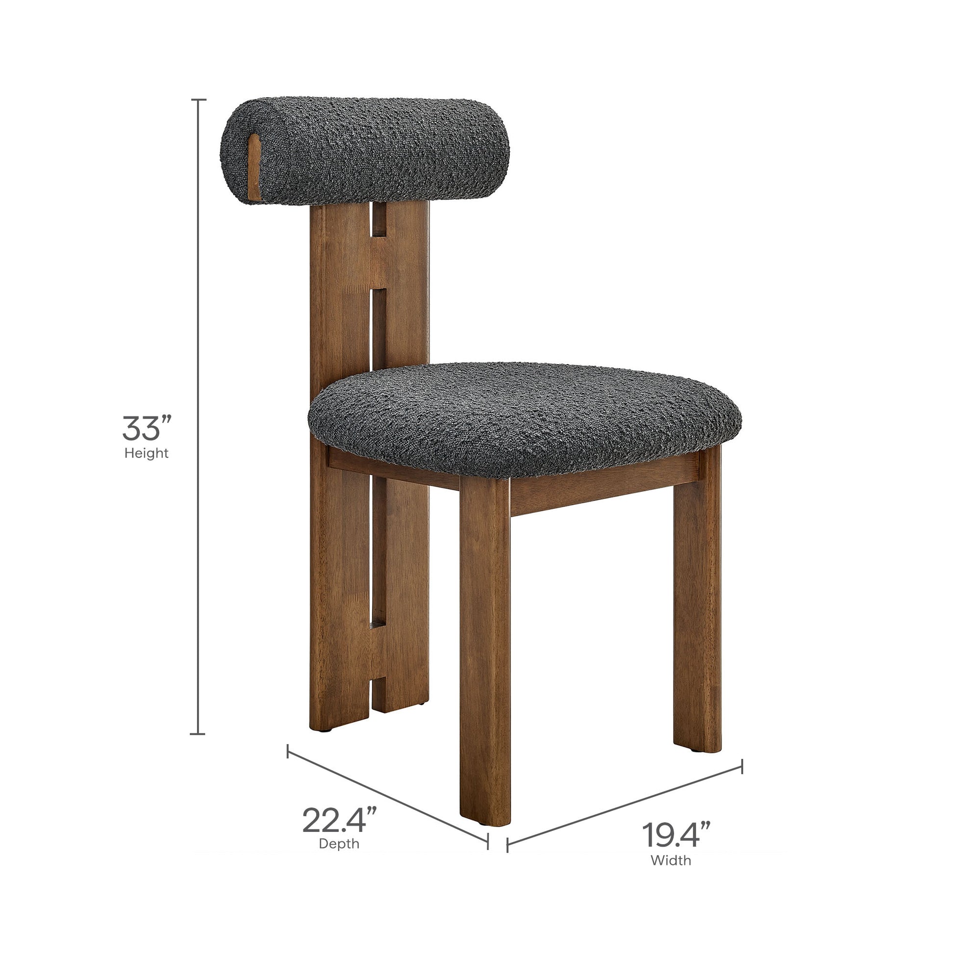 Walnut wood Torian chair with dark gray textured upholstery and cylindrical back cushion; compact lounge seating.
