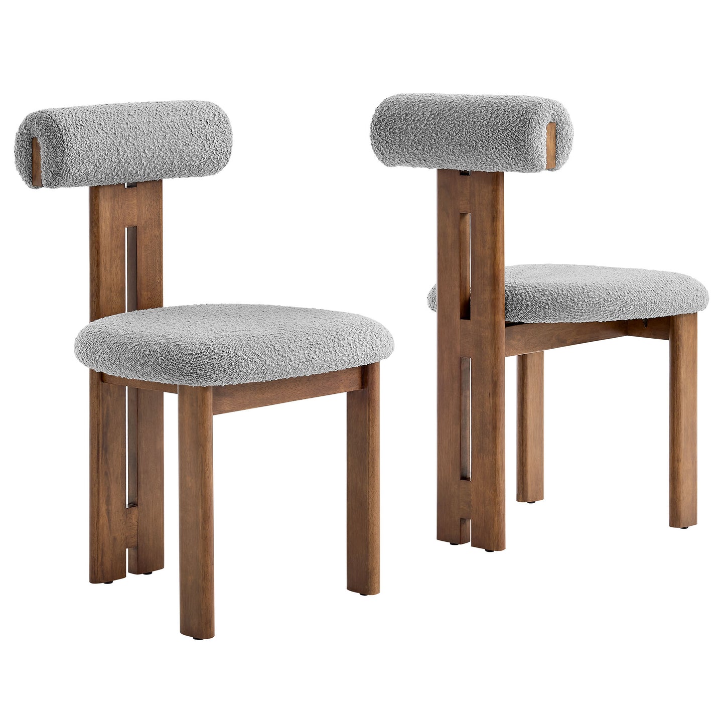Pair of walnut wooden chairs with light gray boucle round seats and cylindrical headrests, mid-century modern.