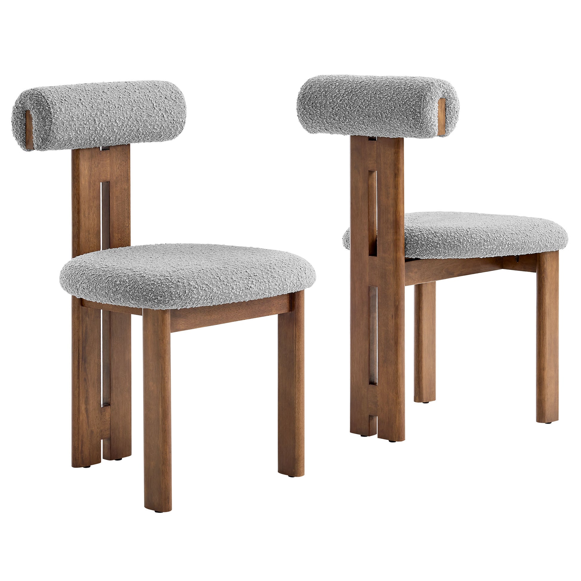 Pair of walnut wooden chairs with light gray boucle round seats and cylindrical headrests, mid-century modern.