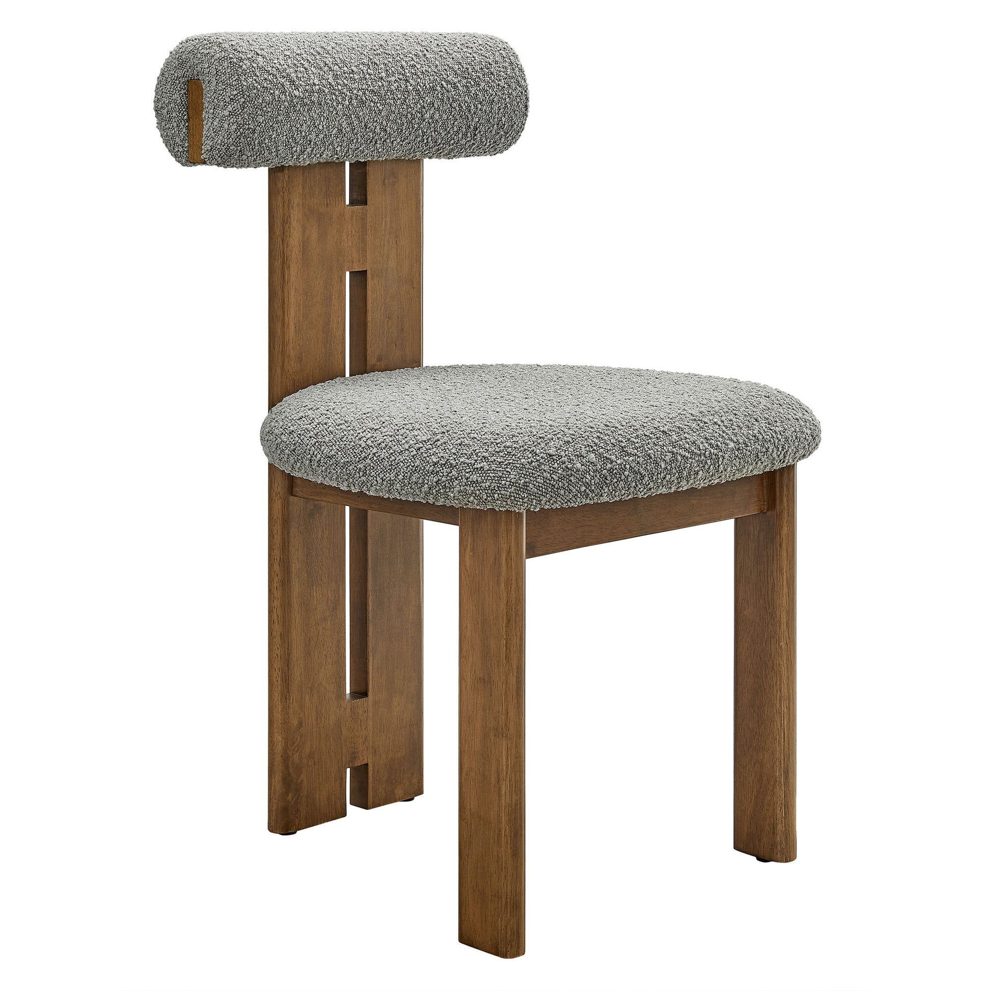 Gray boucle fabric dining chair with a round seat and cylindrical backrest cushion; set of 2.