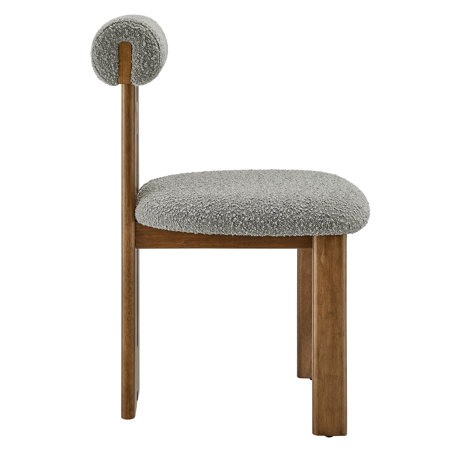 Walnut-finish wood dining chair with light gray boucle upholstery, rounded seat & spherical headrest on a vertical post.