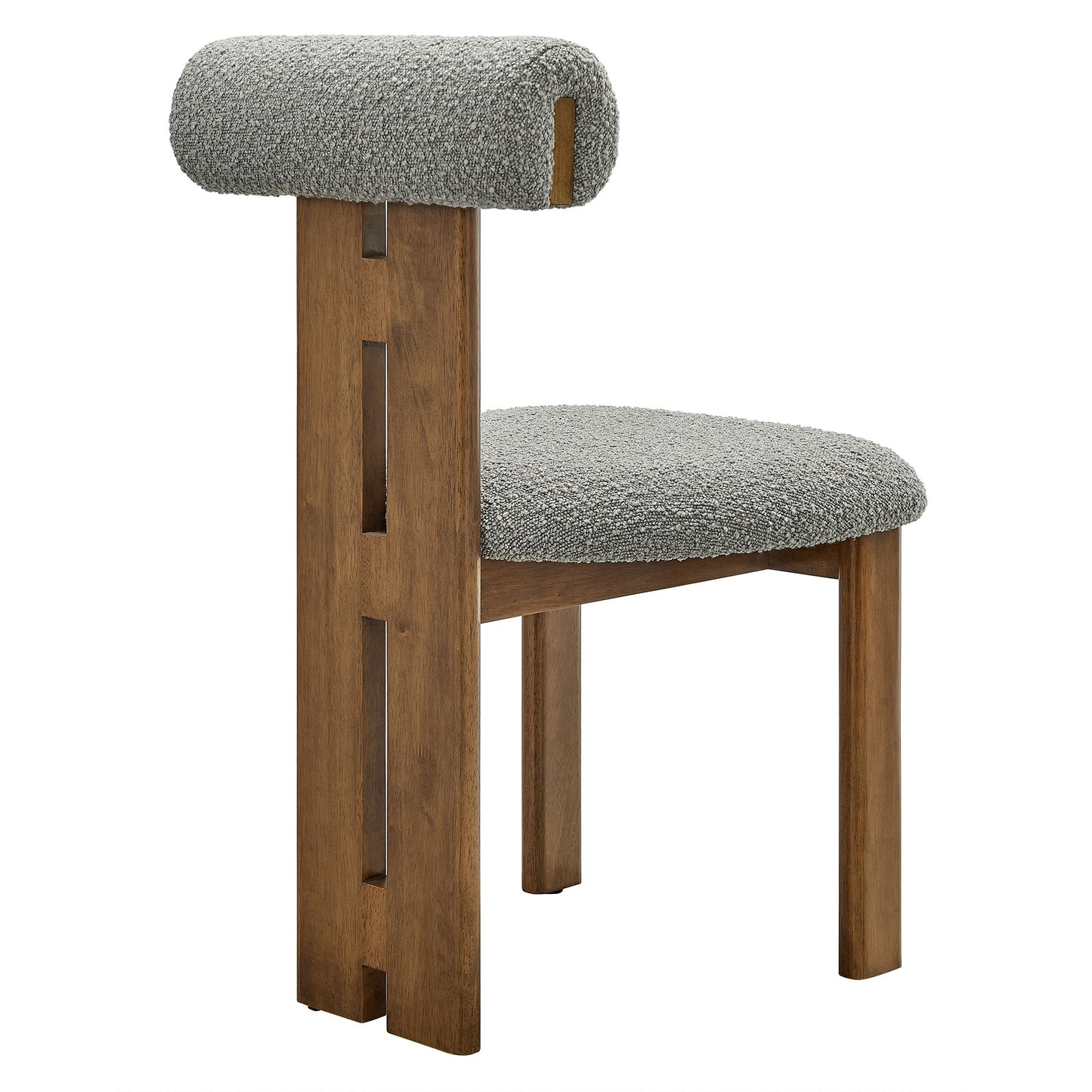 Walnut-finished wooden chair with light gray textured upholstery on seat and cylindrical back cushion; modern design.
