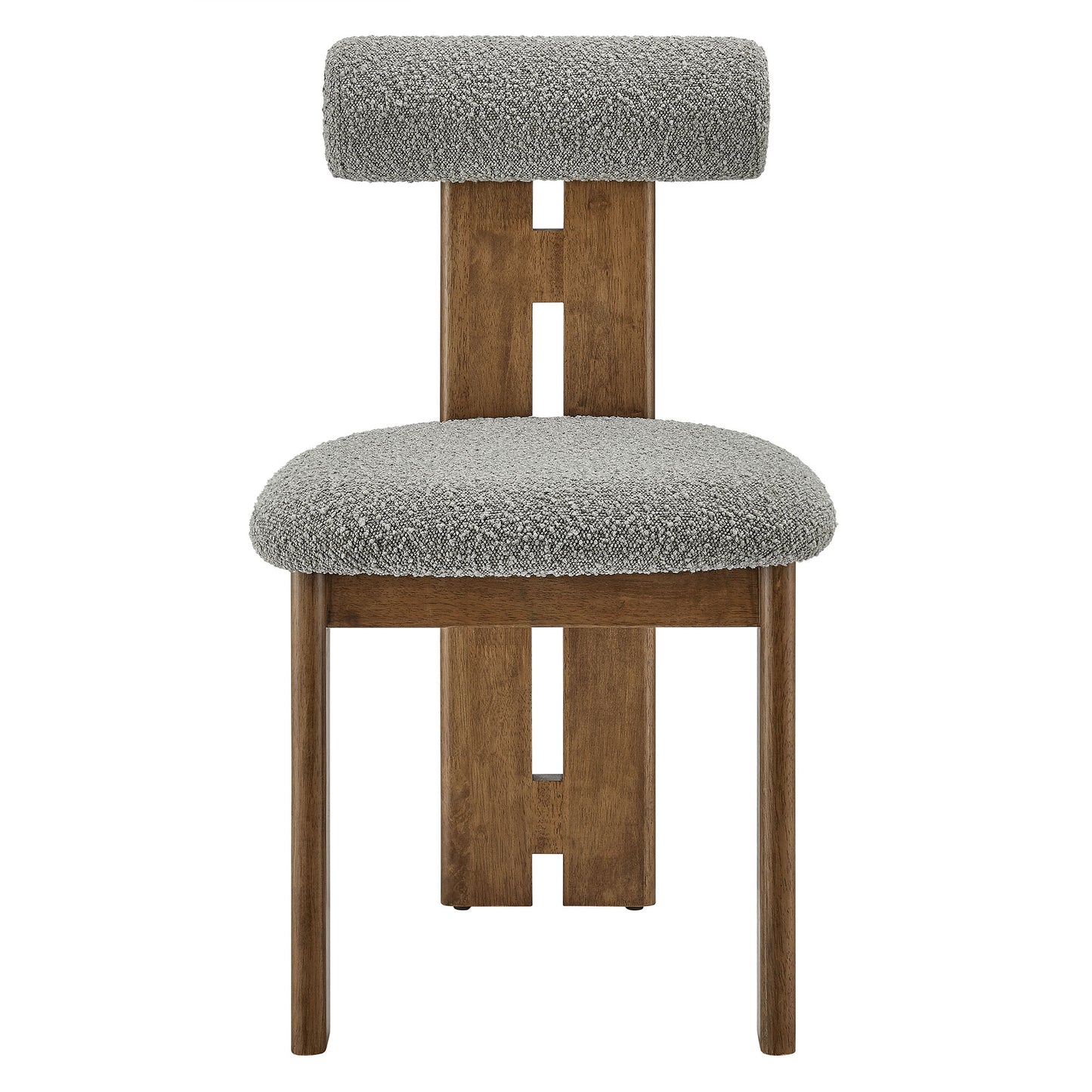 Walnut-finish wooden chair with light gray boucle seat and back cushion; backrest with central wooden gap, mid-century style.