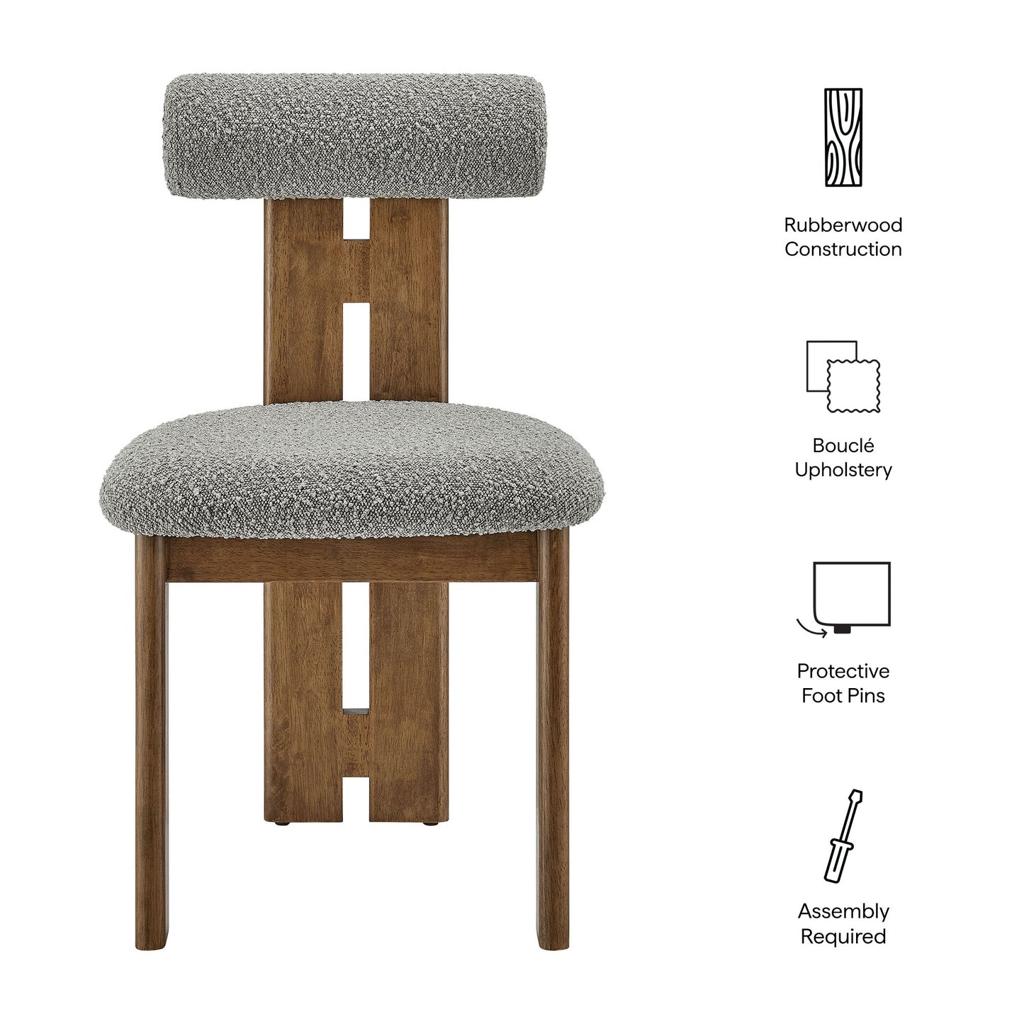 Torian dining chair in walnut finish with gray boucle upholstery; rubberwood construction, protective foot pins.
